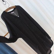 秋装黑色中长款女薄外套，2023韩版宽松大码v领开衫显瘦披肩
