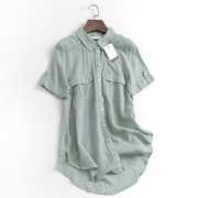 x342纯色棉麻口袋翻领，单排扣翻边夏季2023短袖百搭休闲女衬衫