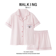 walking卡通玉桂狗，睡衣女士夏季网红条纹短袖，家居服两件套装