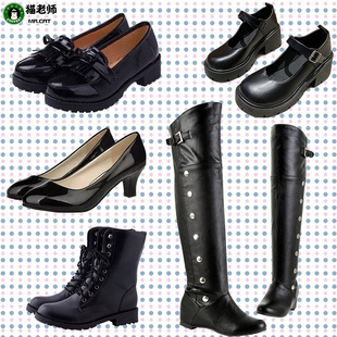 猫老师动漫cosplay黑色小皮，鞋子二次元女高中生jk制服筒靴高跟鞋