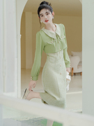 23秋冬女套装复古法式小香风绿色通勤连衣裙显瘦气质小个子高级感