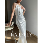 karfely醋酸缎面连衣裙，白色挂脖吊带裙鱼尾，长裙高级感醋酸裙长裙