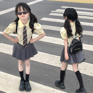 韩国女童套装学院风甜美夏装短袖衬衫，上衣网红潮大童百褶半身短裙