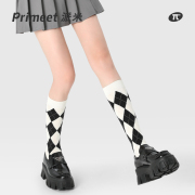 白色袜子女菱格学院风秋冬格子小腿袜设计感中筒袜小皮鞋长筒袜棉