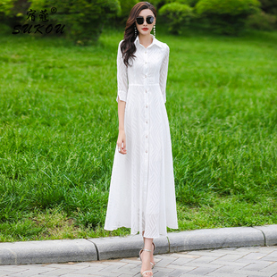 白色条纹衬衫领风衣式连衣裙女2024夏单排扣时尚高端显瘦长裙