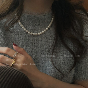 法式珍珠毛衣链女颈链轻奢高级感小众设计项链韩国复古串珠卫衣链