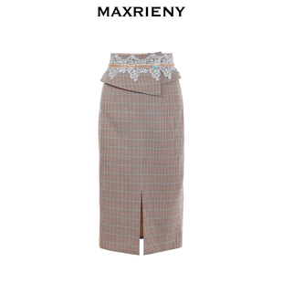 奥莱MAXRIENY夏季复古格子包臀裙中长款修身开叉裙简约半身裙