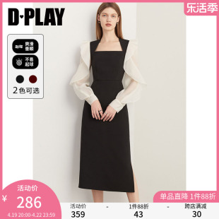 DPLAY初春连衣裙法式撞色黑色长裙设计感长袖礼服裙女小黑裙