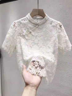 新中式国风复古改良旗袍蕾丝短袖雪纺衬衫女装设计感洋气上衣小衫