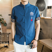 夏季中国风短袖衬衫男士唐装古装棉麻汉服复古盘扣中山装立领衬衣