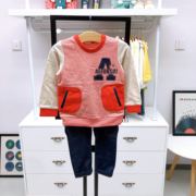 韩国中小童装 春季男童宝宝橘色拼接长袖卫衣T恤长裤套装