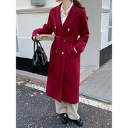 M家高端双面羊绒大衣女中长款系带双排扣冬季加厚羊毛呢外套红色