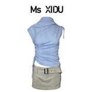 Ms XIDU 原创法式无袖蓝色条纹抽绳衬衫女夏季时髦低腰半身裙套装
