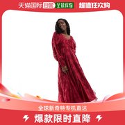 香港直邮潮奢asos女士设计烧焦感蝙蝠袖v领系扣红色连衣裙
