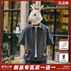 RabbitHouse 夏季细条纹短袖衬衫男潮流小贴袋装饰五分袖衬衣外套