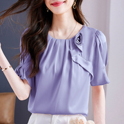 紫色雪纺衬衫女装泡泡短袖2024夏季法式气质衬衣面试简约上衣