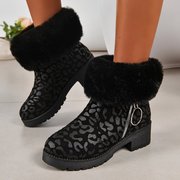 豹纹女鞋冬季女靴子短筒马丁靴休闲保暖棉鞋，加绒拉链中跟粗跟