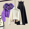 紫色短款加绒加厚毛领棉服外套，女冬季半高领针织毛衣搭高腰半身裙
