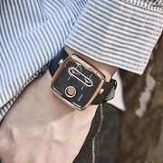 古欧方形牛皮表带男款表时尚帅气潮男表个性双时区双机芯男士手表