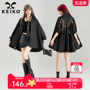 keiko重工蝴蝶刺绣黑色短袖衬衫薄24夏季设计感泡泡袖上衣防晒衫