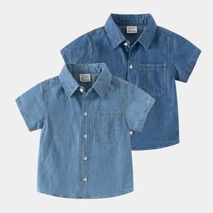 男童牛仔短袖衬衫纯色，夏季2024童装儿童，宝宝休闲纯棉衬衣薄款