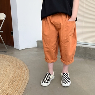 男童七分裤纯棉裤子橘色夏装薄款