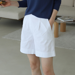 白色亚麻短裤女西装五分裤，夏季2023韩版高腰，松紧棉麻直筒中裤