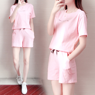 CHUNLA纯拉夏季套装粉色运动上衣+休闲宽松阔腿短裤两件套女韩版