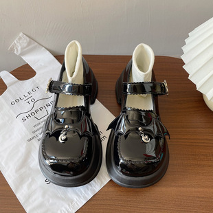 蝙蝠黑色小皮鞋女设计感小众，日系jk鞋子厚底玛丽珍鞋甜酷女生单鞋