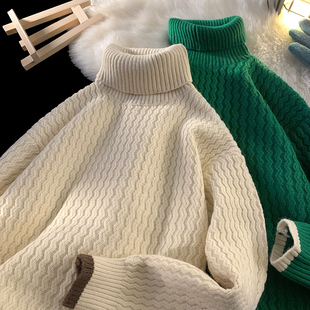 NICEVOW米白色个性设计感高领毛衣男冬季加厚保暖日系纯色针织衫