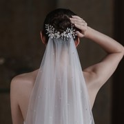 V840双层珍珠头纱 超仙白色新娘结婚出门纱旅拍水钻软纱头饰