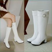红蜻蜓靴子女2021白色靴子高跟韩版长筒靴子女中筒皮靴冬季女鞋靴子
