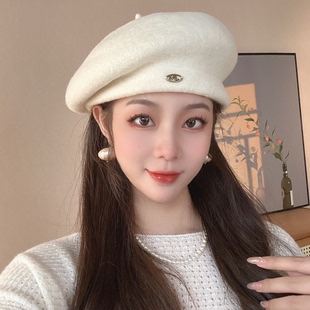 秋冬羊毛呢贝雷帽子女韩版甜美气质，优雅网红时尚短檐显脸小画家帽
