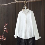 日系森女 领子刺绣花朵 白色女士宽松开衫衬衫长袖上衣
