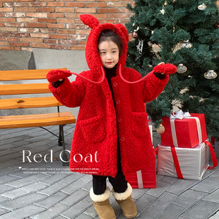 儿童红色可爱毛毛绒(毛毛绒，)一体外套过年冬季女童加厚保暖兔耳朵会动大衣