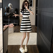 休闲polo连衣裙女夏季显瘦气质减龄小个子露腰假两件黑白条纹裙子