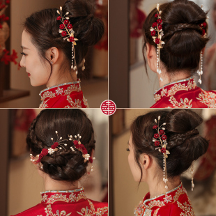 中式新娘秀禾服头饰女新年红色发夹敬酒服发饰，结婚发卡马面裙饰品