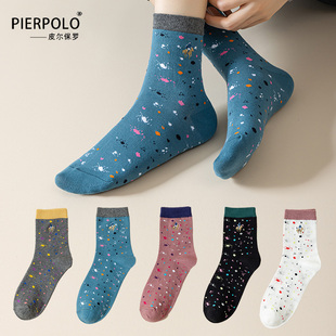 皮尔保罗polo袜子女士彩色涂鸦短袜，春秋季纯棉保暖甜美女袜中筒袜