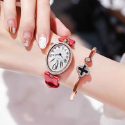 个性镶钻真皮表带女手表ins时尚椭圆形石英玫瑰白色普通国产腕表
