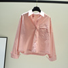 浅粉色短款长袖小衫2023春秋韩版设计感单口袋小众休闲棉衬衣外套