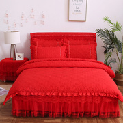 秋冬夹棉加厚韩版公主蕾丝床裙床罩床套式大红色结婚庆床品四件套