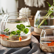 透明玻璃鱼缸创意圆形，办公室木托斗鱼缸，小型客厅家用生态小金鱼缸