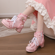 粉色lo靴儿童公主马丁靴，冬季加绒女童高跟，短靴中大童小女孩靴子
