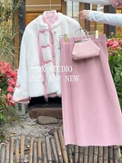 新中式国风复古外套，搭配粉色半身裙套装气质，时尚宽松小香风套装