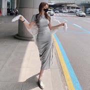 韩国东大门2024女装修身显身材包臀抽带侧开叉短袖t恤连衣裙