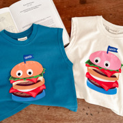 2024夏季男童短袖T恤中小童装卡通汉堡无袖背心儿童半袖体恤衫潮
