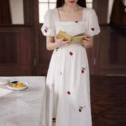 女装2024夏季十三行复古玫瑰花刺绣方领连衣裙泡泡袖白色长裙