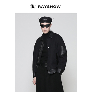 Rayshow高级针织面料 质感拼皮暗黑系翻领飞行员夹克男冬装外套潮