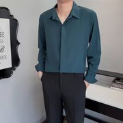 男士轻熟风休闲西服套装韩版时尚墨绿色衬衫长袖痞帅垂感西装衬衣