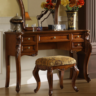 美式梳妆台书桌一体，卧室复古收纳柜欧式实木，小户型胡桃色化妆